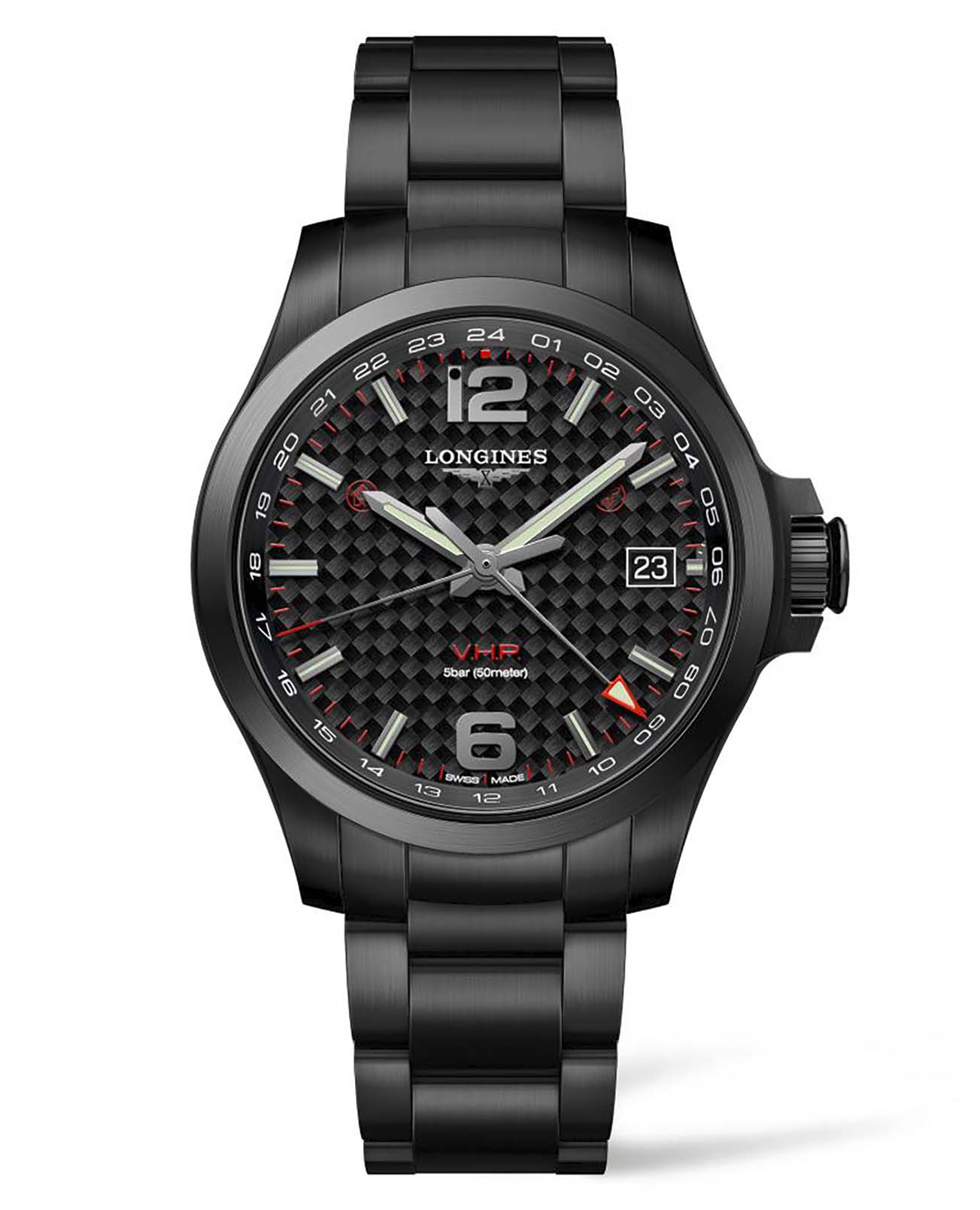 Longines Longines Conquest V.H.P.  L3.718.2.66.6  L37182666 кварцевые мужские часы черный циферблат, браслет сталь c pvd покрытием — вид спереди